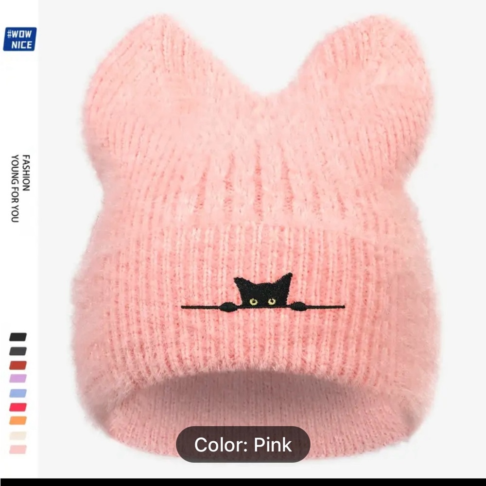 Cozy pink embroidered knit winter hat beanie with cat ears